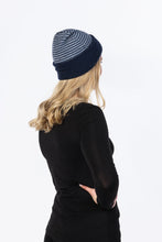 Load image into Gallery viewer, Black  Possum and Merino  NX397 Double Layer (Reversible) Beanie - ﻿Double Layer Beanie which can be worn 2 ways.  It is reversible - one side is striped and the other is plain 