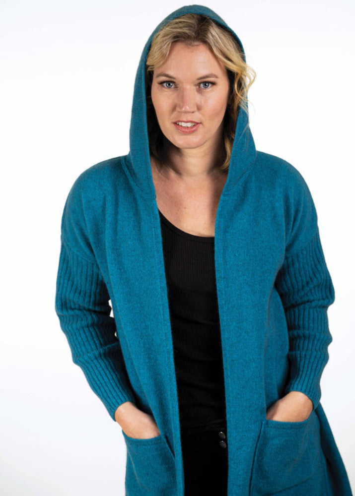 Possum and Merino  TR1019 Hooded Longline Cardigan - This long, hooded, cardigan is a great winter wardrobe staple.  It features ribbed sleeves and patch pockets.  Made proudly in New Zealand from a premium blend of 25% possum fur, 65% merino & 10% silk.