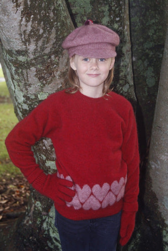 Possum and Merino  CK701 Girls Heart Jumper - Classic crew neck jumper any girl will love.  Garment is red with alternating pink hearts above bottom band.