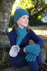 Possum and Merino  CK618 Cottontail Scarf - Soft rib scarf with ends tapering to a silver rabbit fur pompom.  Available in bright shades to co-ordinate with the (CK617) Cottontail Beanie